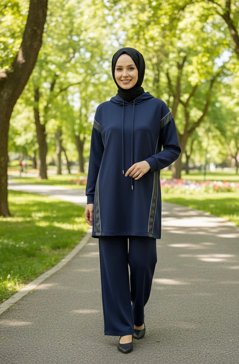 Deri Detaylı Pantolonlu Takım