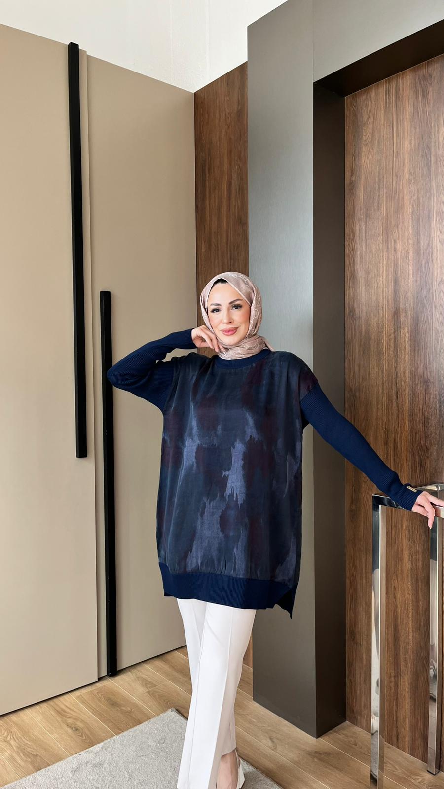 Triko Kollu Desenli Tunik