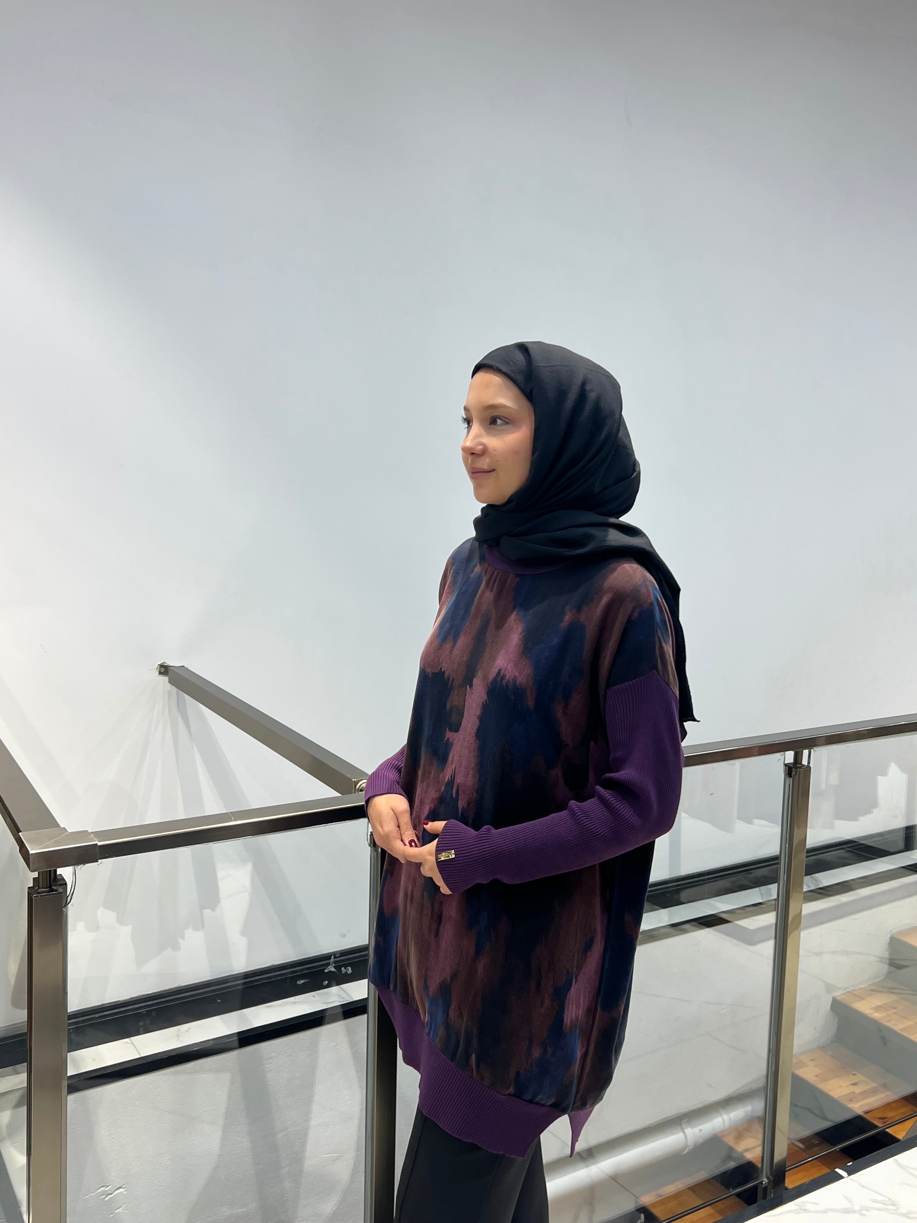 Triko Kollu Desenli Tunik