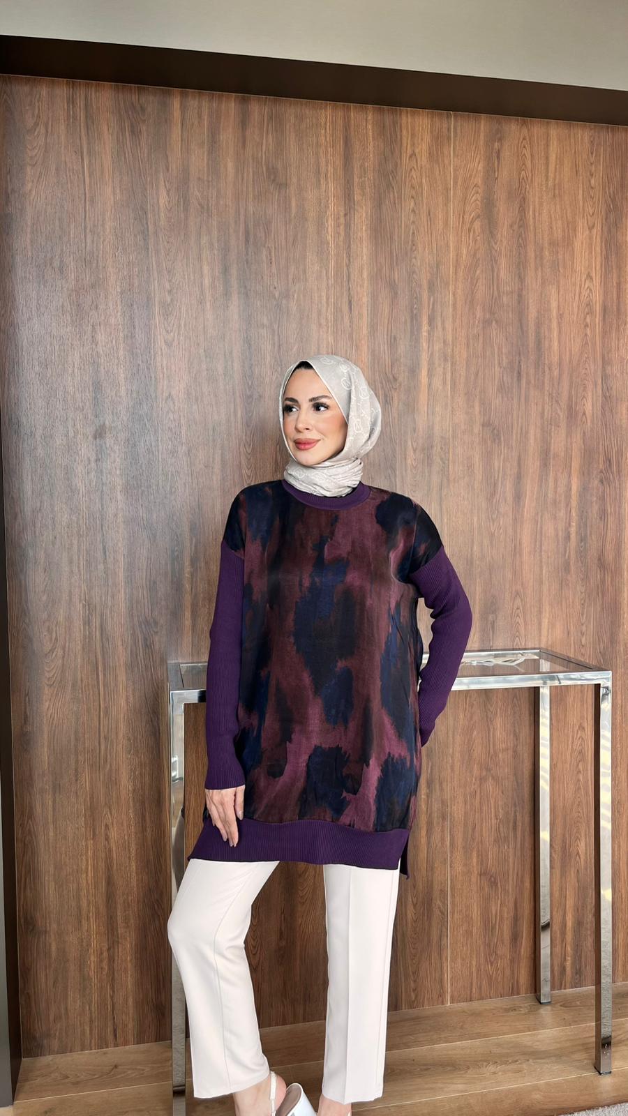 Triko Kollu Desenli Tunik