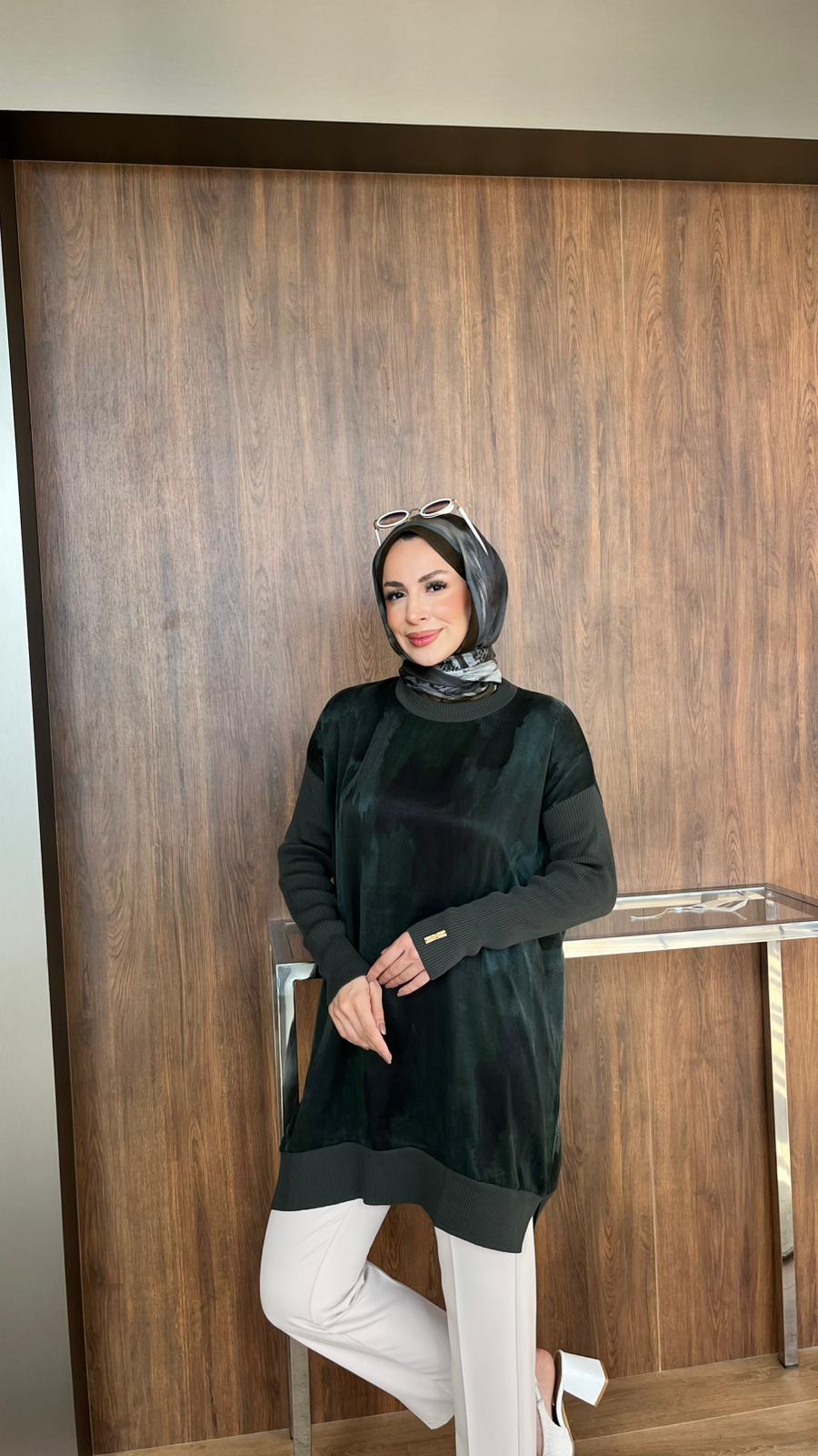 Triko Kollu Desenli Tunik