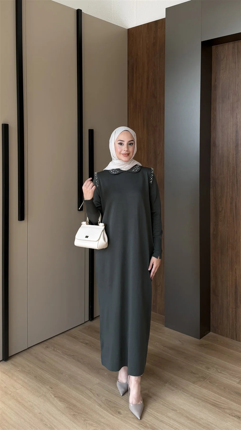 Bebe Yaka Taş Detaylı Merserize Elbise