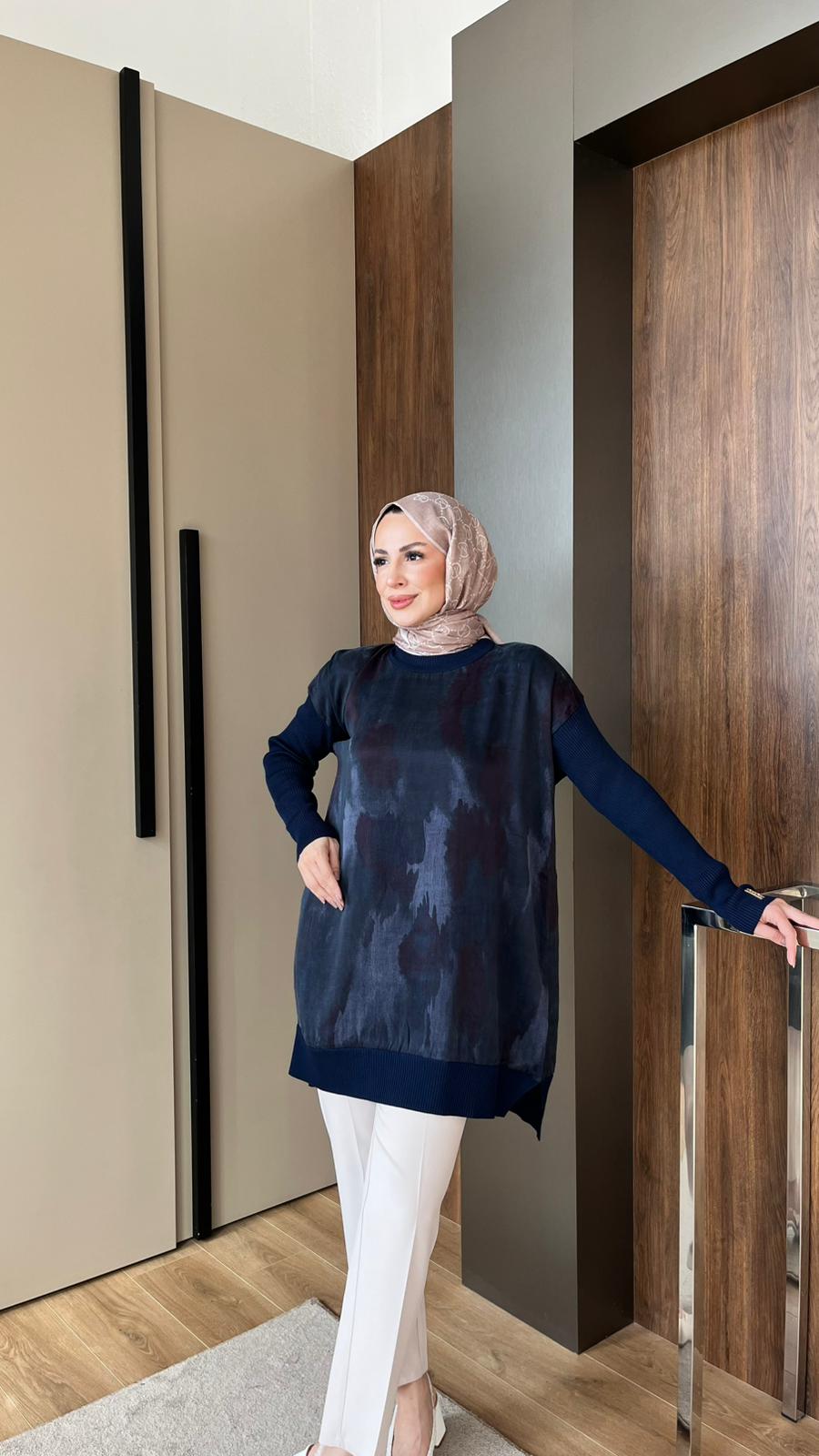 Triko Kollu Desenli Tunik