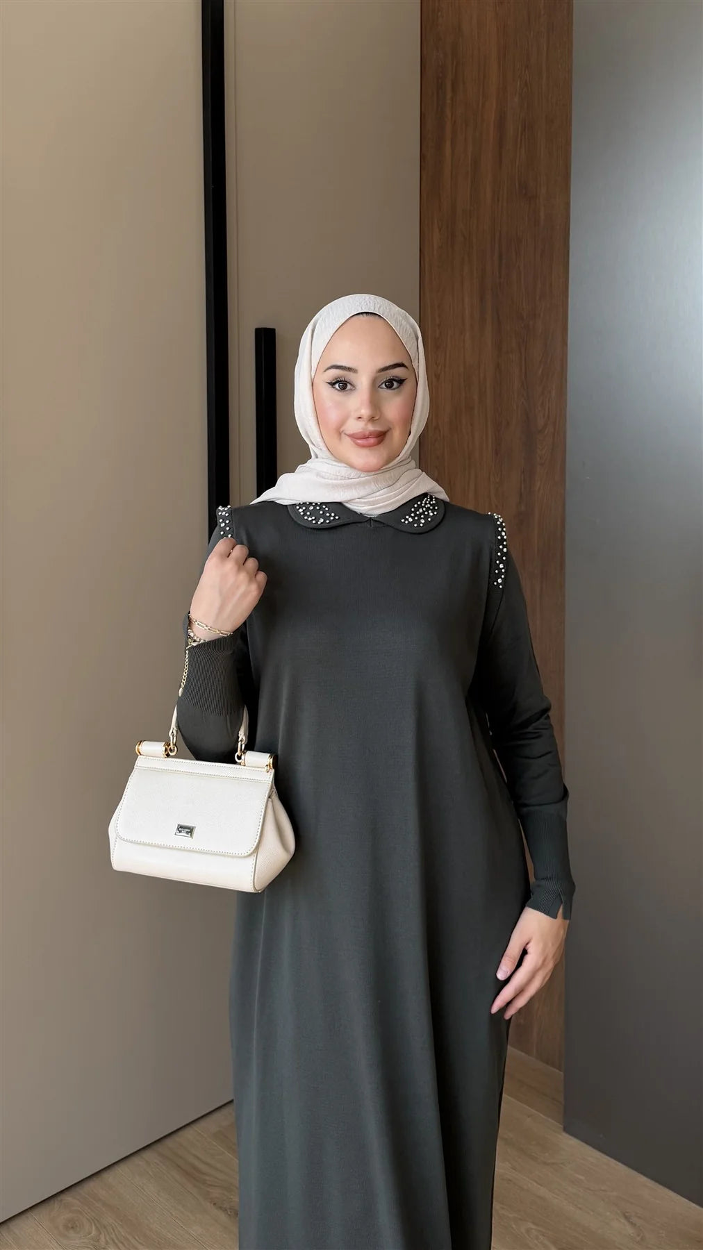 Bebe Yaka Taş Detaylı Merserize Elbise