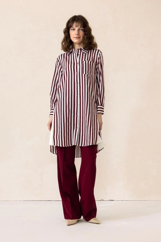 Yanları Fermuar ve Pilise Detaylı Çizgili Tunik