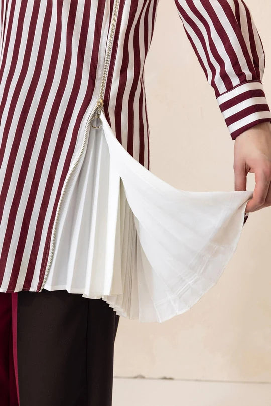 Yanları Fermuar ve Pilise Detaylı Çizgili Tunik