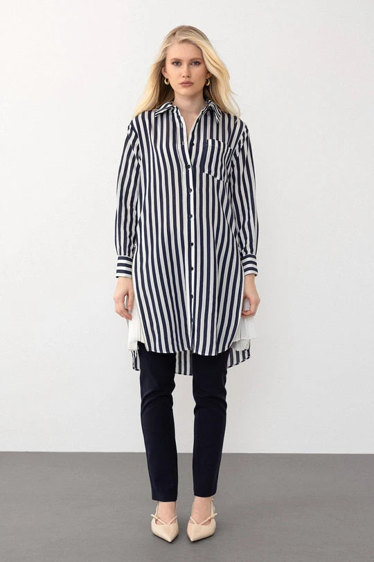 Yanları Fermuar ve Pilise Detaylı Çizgili Tunik