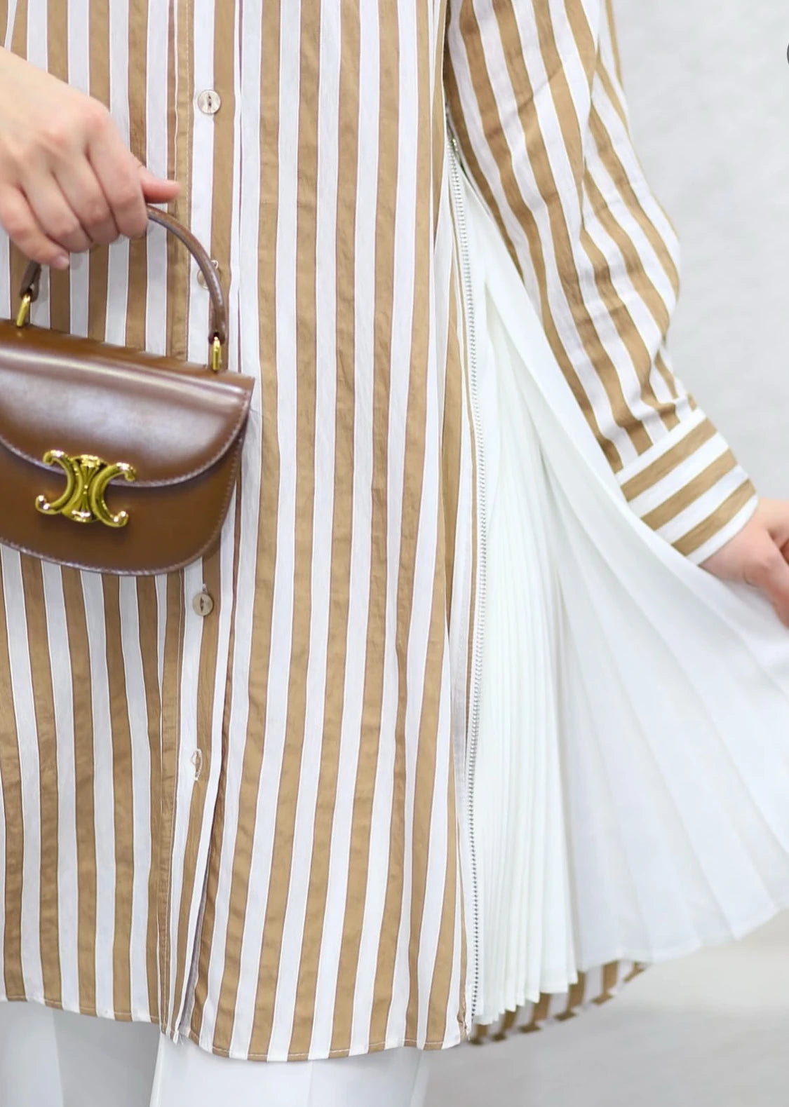 Yanları Fermuar ve Pilise Detaylı Çizgili Tunik