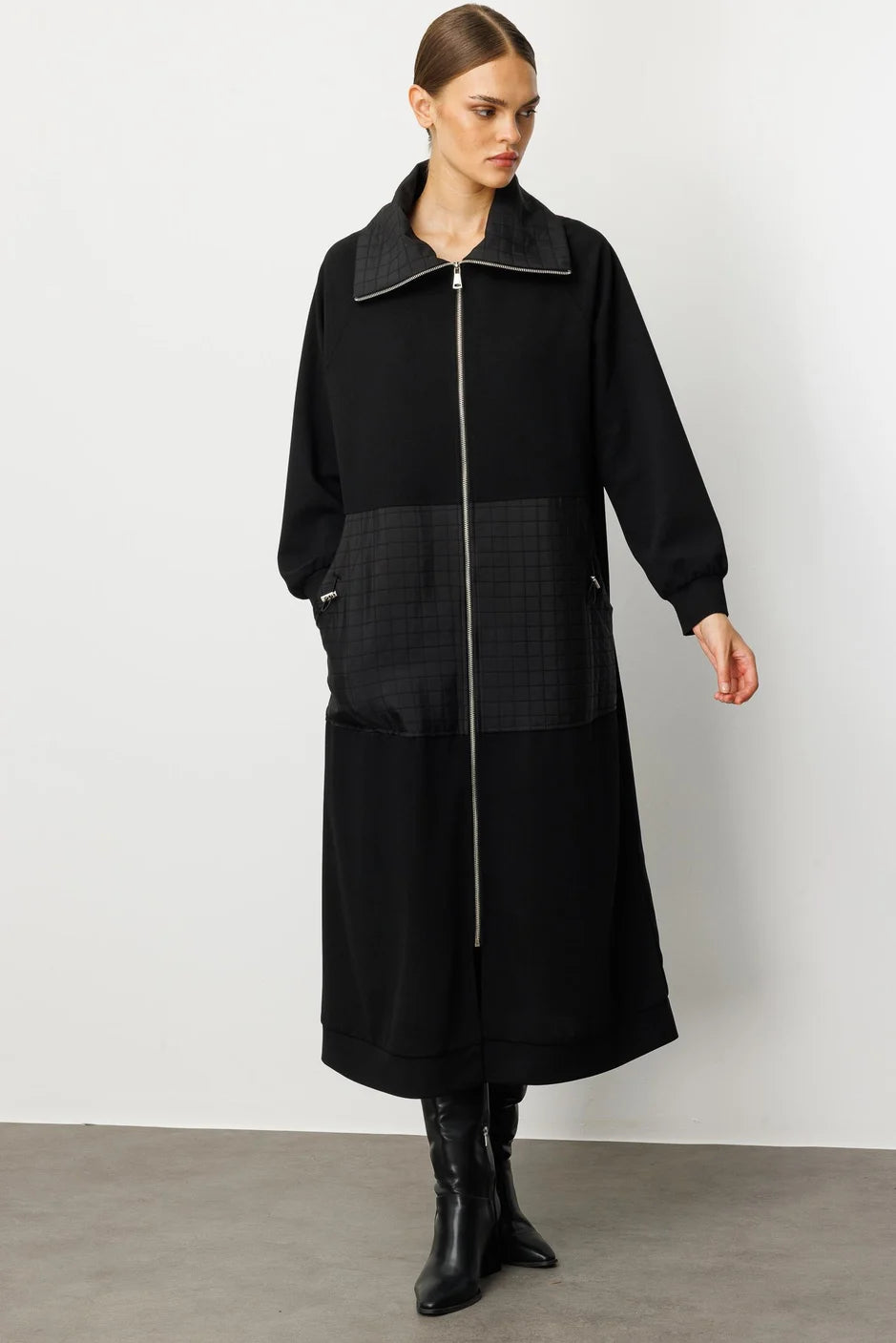 Micca Kare Jakar Kapitone ve Krep Doku Mix Astarlı Mevsimlik Spor Trench Kap