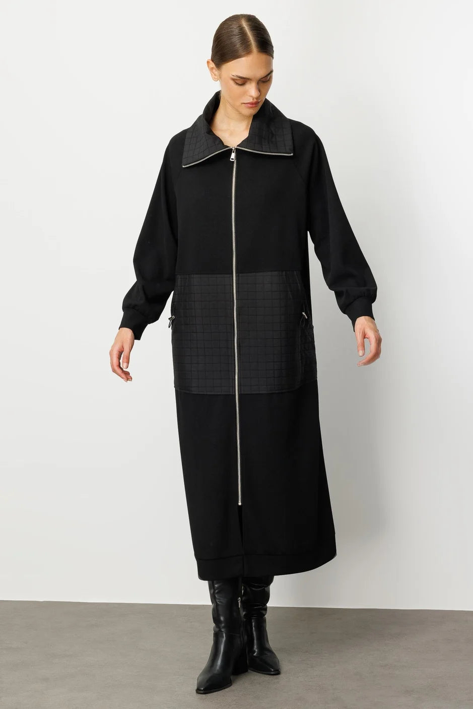 Micca Kare Jakar Kapitone ve Krep Doku Mix Astarlı Mevsimlik Spor Trench Kap