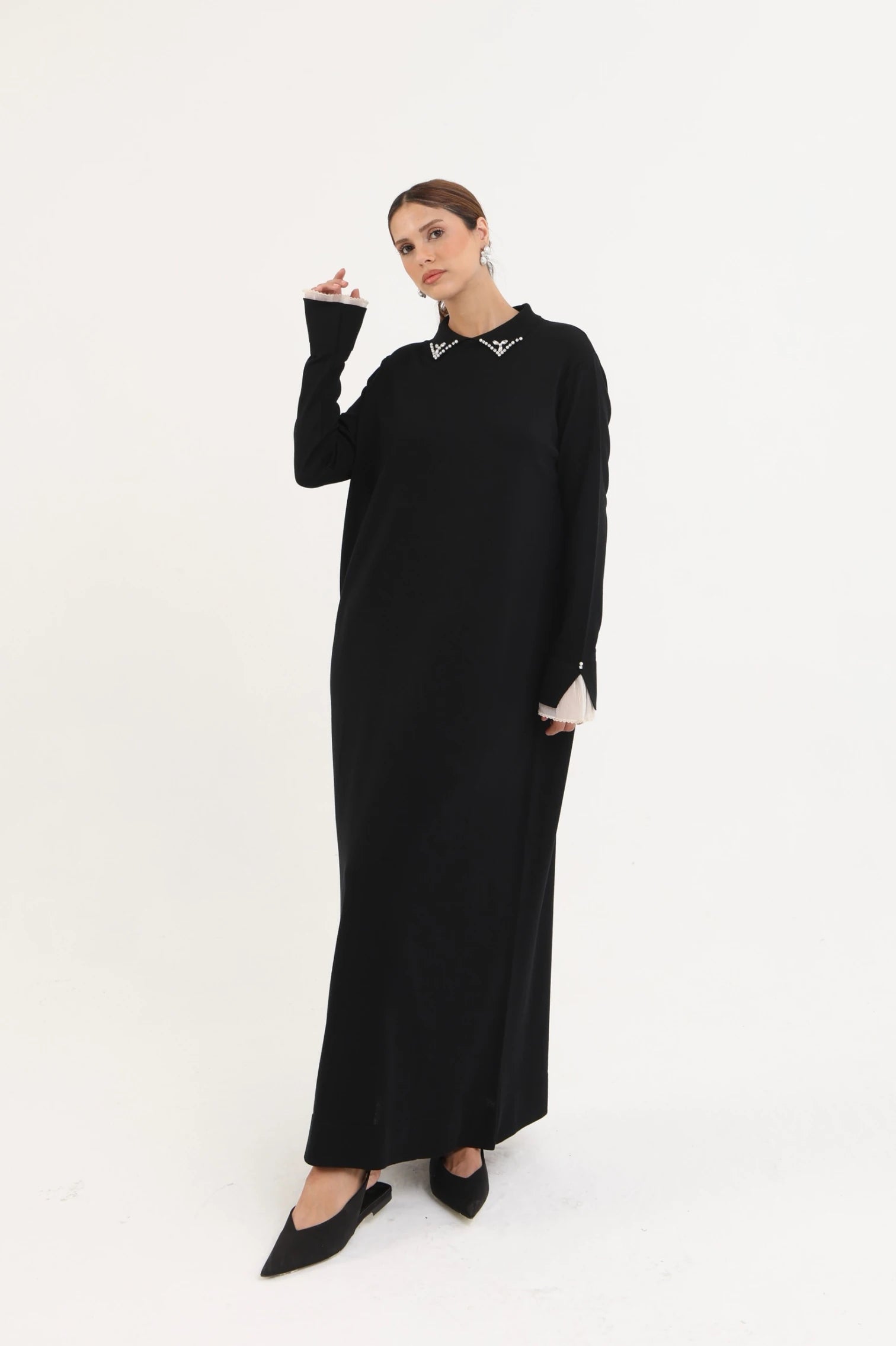 Yakası Taşlı Merserize Elbise