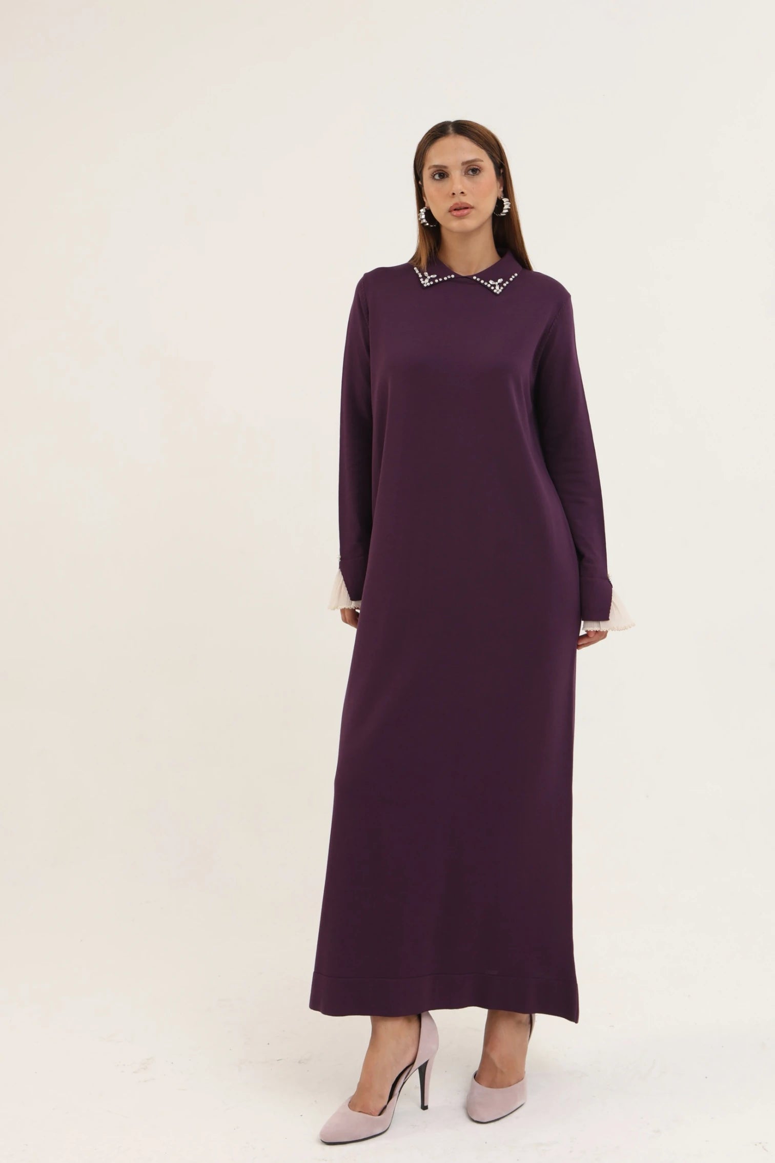 Yakası Taşlı Merserize Elbise