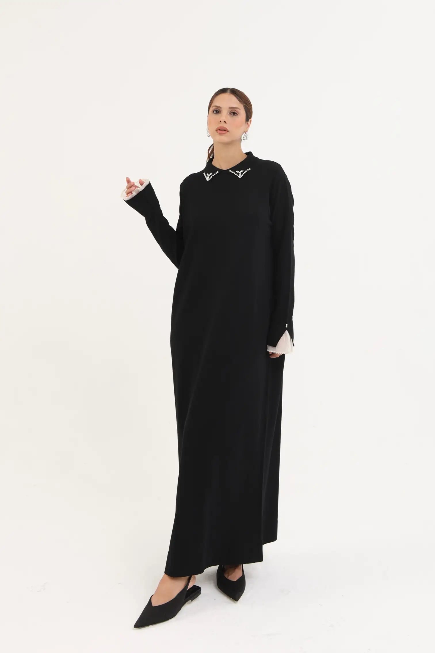 Yakası Taşlı Merserize Elbise